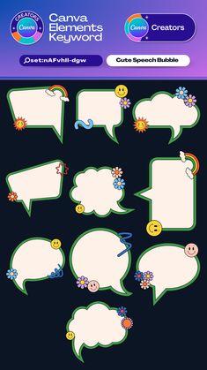 a bunch of speech bubbles with smiley faces and flowers on them, all in different colors