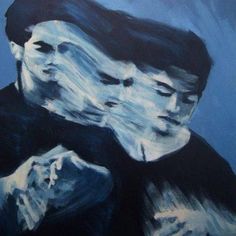 a painting of two people hugging each other