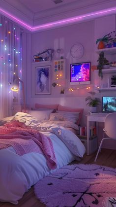 a bedroom decorated in purple and pink lights