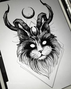 a drawing of a cat with horns on it's head, and the caption instagram