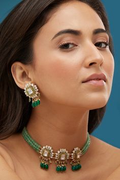 925 silver green bead choker with center motif studded with moissanite polki stones. Comes with matching earrings. - Aza Fashions Green Fusion Jewelry For Reception, Green Single Cut Diamond Jewelry As A Gift, Green Single Cut Diamond Jewelry For Gift, Green Fusion Style Jewelry With Stone Setting, Green Diamond Kundan Necklace With Gemstone, Polki Choker Set, Polki Choker, Green Moissanite, Bead Choker