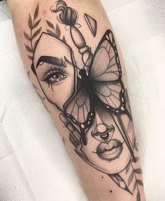 a woman's face and butterfly tattoo on the leg