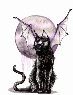 a black cat sitting in front of a full moon with bats on it's wings