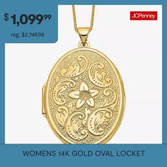 Features: Quick ShipJewelry Closure: Spring Ring ClaspLink Construction: SolidShape: OvalMetal Color: YellowChain Length: 18 InchChain Width: .5 MillimetersPendant Length: 32mmPendant Width: 25mmChain Construction: BoxCare: Wipe CleanMetal: 14k GoldNecklace Type: Locket NecklacesCountry of Origin: Imported Oval Locket Necklace, Locket Necklaces, Oval Locket, Locket Necklace, Spring Rings, Locket, Necklaces, Pendant Necklace, Ring