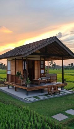 a small wooden house sitting on top of a lush green field next to a rice field