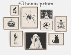 a white wall with black and white pictures on it, including halloween themed items in the frame