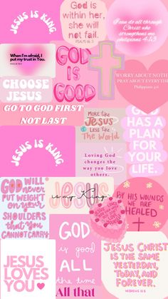 a collage of pink and white images with the words jesus is god on them