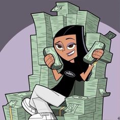 a cartoon character sitting on top of a pile of money with one hand in the air