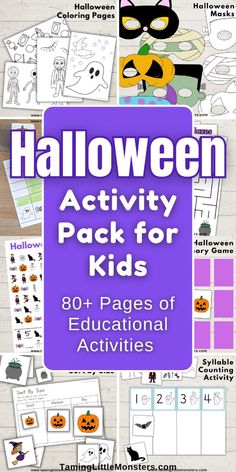 halloween activity pack for kids with text overlay that reads,'30 pages of educational activities