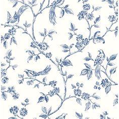 a blue and white floral wallpaper with birds on the branch, flowers and leaves