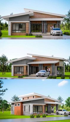 three different views of a small house with two cars parked in the front and side