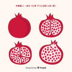 three pomegranates on a white background with the words, whole and cut pomegranate