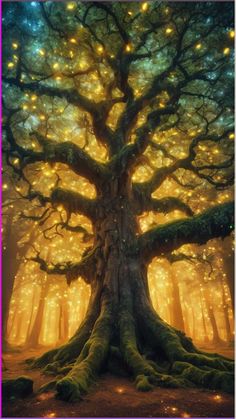 a large tree with lots of lights on it's branches in the middle of a forest