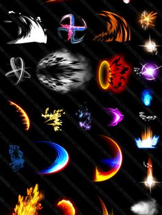 an assortment of different colored shapes and sizes on a black background, including the letters