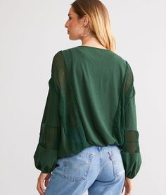 Women's Pieced Gauze Top In Green By Daytrip., Women's Pineneedle Semi-sheer ribbed knit lace-up top Elasticized cuffs and waistband Bust measures 43 on size small Body length 22 on size small. Self: 94% Polyester 6% Spandex. Contrast: 100% Polyester. Hand wash cold separately. Do not bleach. Lay flat to dry. Iron on low if necessary.. Measurements: Bust -Fullest part of bust with arms at sides. Waist -Circumference of natural waist: above belly button below rib cage. Hips -Standing with feet to Green Long Sleeve Top With Sheer Sleeves, Green Long Sleeve Tops With Sheer Sleeves, Casual Tops With Sheer Sleeves For Spring, Gauze Top, Knit Lace, Waist Circumference, Top For Women, Women Shirts Blouse, Shirts Blouses