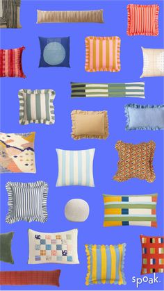 many different types of pillows on a blue background