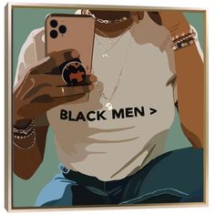 a person holding a cell phone up to their face with the words black men on it