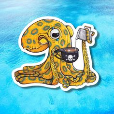 an octopus sticker with a pirate eye patch on it's chest holding a cup of coffee