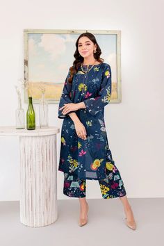 BATIK Women's Stitched 2Pc Semi Formal Clothing | BA01983 Blue Long Sleeve Pant Set For Spring, Blue Long Sleeve Pant Set For Summer, Navy Cotton Sets For Spring, Blue Unstitched Pant Set For Eid, Indigo Long Sleeve Summer Sets, Unstitched Blue Pant Set For Eid, Spring Blue Printed Kurta, Blue Printed Kurta For Spring, Casual Indigo Sets For Summer