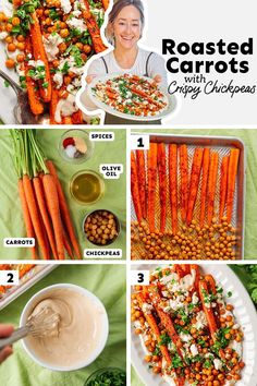 the steps to make roasted carrots with crispy chickpeas and ranch dressing