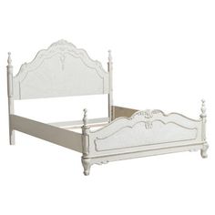 a white bed with an ornate headboard and foot board is shown in front of a white background