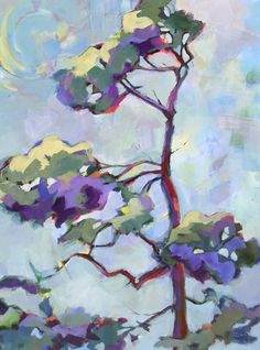 a painting of a tree with purple and green leaves