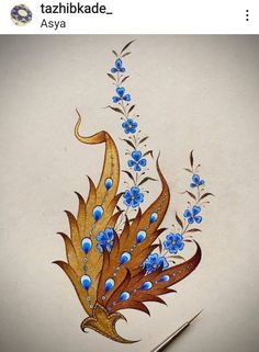 a drawing of a peacock with blue flowers on it