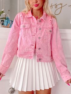 Pinkie Pie Pink Denim Jacket | Sassy Shortcake | sassyshortcake.com Pink Jean Jacket, Pink Child, Jean Rose, Sassy Shortcake, Pink Denim Jacket, Taylor Swift Tour Outfits, White Pleated Skirt, Distressed Jean Jacket, Pink Denim