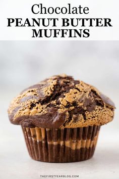 chocolate peanut butter muffins with text overlay