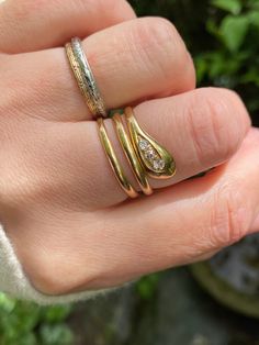 ~ Here we have a very beautiful early 20th Century snake ring set with old cut diamonds  ~ Ring measures approximately 14.1mm    north to south at widest point  ~ Size  U.K. Q.5  or a US 8.25 approximately  ~ Hallmarks for 18ct gold Chester 1914 to inner  ~ In excellent antique condition, has some light wear in keeping with age and use, diamonds lovely and clear and bright, secure in setting with no chips or damage.  ~ Any questions or for more photos please feel free to message me. ~ Video on I Diamonds Ring, Snake Ring, Ring Set, Diamond Rings, Ring Sets, Wedding Rings Engagement, Wedding Engagement, 20th Century, Diamond Cuts