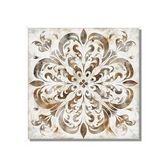 a white and brown tile with an ornate design on the back ground, it looks like something out of a painting