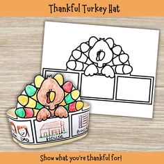 a turkey hat with candy in it and the words happy thanksgiving written on it next to an image of a turkey