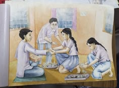 this is a painting of some people playing with something on the floor in front of them