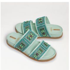 Beadwork Is In And So Are The Otto's, A Sandal That Steps Into Ornate Detailing And Unique Craftsmanship. Otto Embezzled Slide Sandal Closure: Slip-On Toe: Open Material: Leather Green Embellished Round Toe Sandals, Woven Leather Sandals, Sam Edelman Sandals, Beautiful Sandals, Strap Sandals Women, Shoe Inspo, Gold Sandals, Cute Sandals, Sandal Fashion