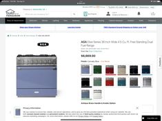 a website page with an image of a blue stove top oven and the words aga on it