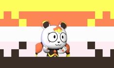 a cartoon panda bear sitting on top of a wooden table next to an orange and white wall