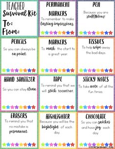 teacher reward cards with colorful stars on them