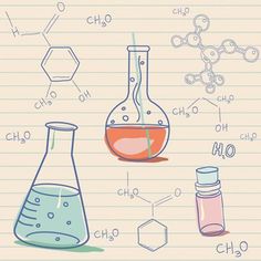 an image of some bottles and beakles on a sheet of lined paper with chemical symbols