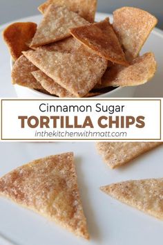 cinnamon sugar tortilla chips on a white plate with text overlay that reads, cinnamon sugar tortilla chips