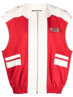 flame red/cream white cotton colour-block design logo patch at the chest round neck front zip fastening sleeveless elasticated hem White Sporty Gucci Top, Sporty White Gucci Tops, Red Gucci Cotton Top, Casual Red Gucci Tops, Buy Gucci, Outerwear Vest, Sleeveless Jacket, Red Jacket, Outerwear Women