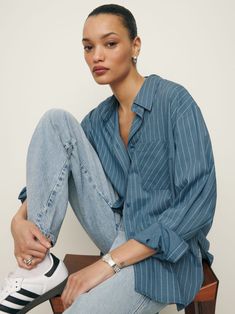 Will Oversized Shirt Swimwear Dress, Outerwear Sweater, New Tops, Linen Clothes, Oversized Shirt, Striped Shirt, Shirt Outfit, Chambray, New Dress