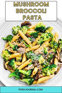 mushroom broccoli pasta on a white plate