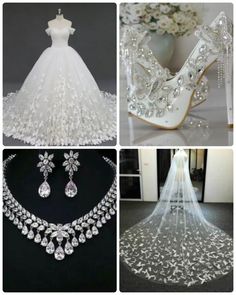 wedding dresses, shoes and veils are all featured in this collage with the bride's accessories