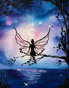 a painting of a fairy sitting on a tree branch with stars and moon in the sky