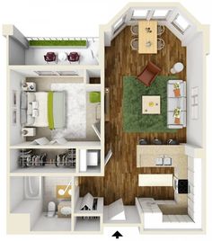 an overhead view of a two bedroom, one bath apartment with living room and kitchen