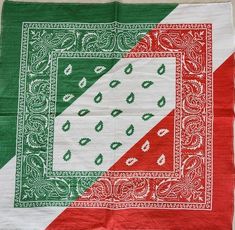 a green, red and white bandana