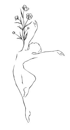 a line drawing of a woman with flowers in her hair and hands behind her back