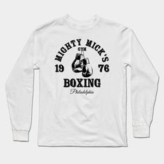 a white long - sleeved shirt with the words mighty mics boxing on it