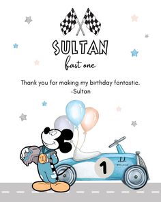 a birthday card with mickey mouse driving a race car