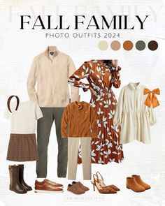 the fall family photo outfits are all different colors and styles, including brown, beige, white